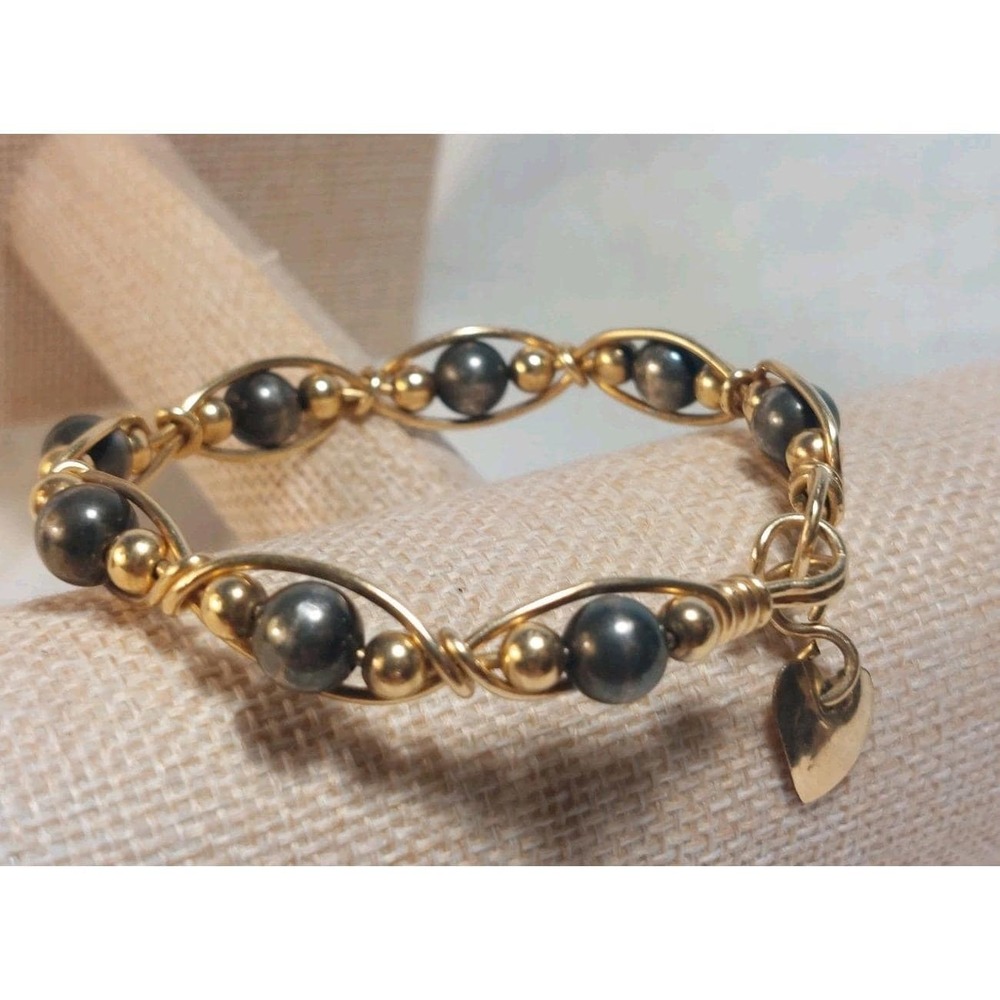 Ladda Bihler Signed 14K GF Wire Wrapped Hematite Bead Bracelet 80s 90s Handmade